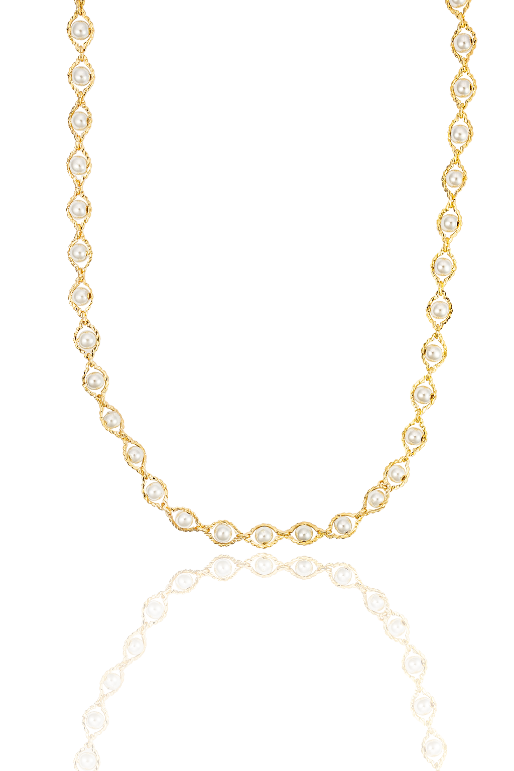 An elegant gold chain necklace features alternating white pearls set against a clean white background with a subtle reflection.