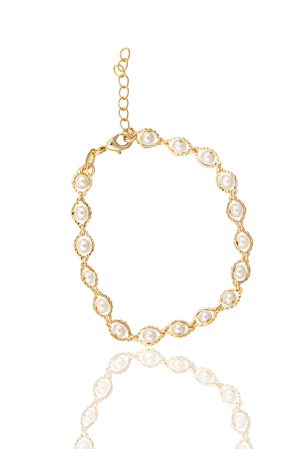 A gold chain bracelet features alternating interlocking links and inset pearls against a clean white background.