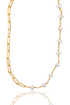 A gold chain and pearl necklace features chunky rectangular links on one side and delicate freshwater pearls strung on gold wire on the other.