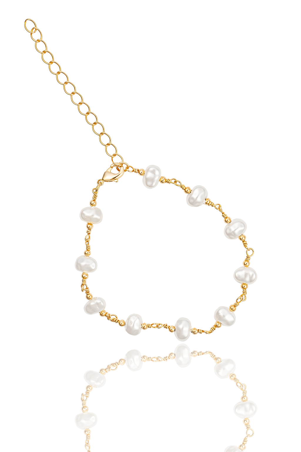 A delicate gold wire-wrapped pearl bracelet features irregular white freshwater pearls and an adjustable chain against a clean white background.