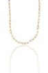 A two-tone paperclip chain necklace made of yellow and white gold rests against a reflective white surface.
