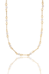 A gold chain necklace features alternating bar links and small white pearls, displayed against a white background with a subtle reflection.