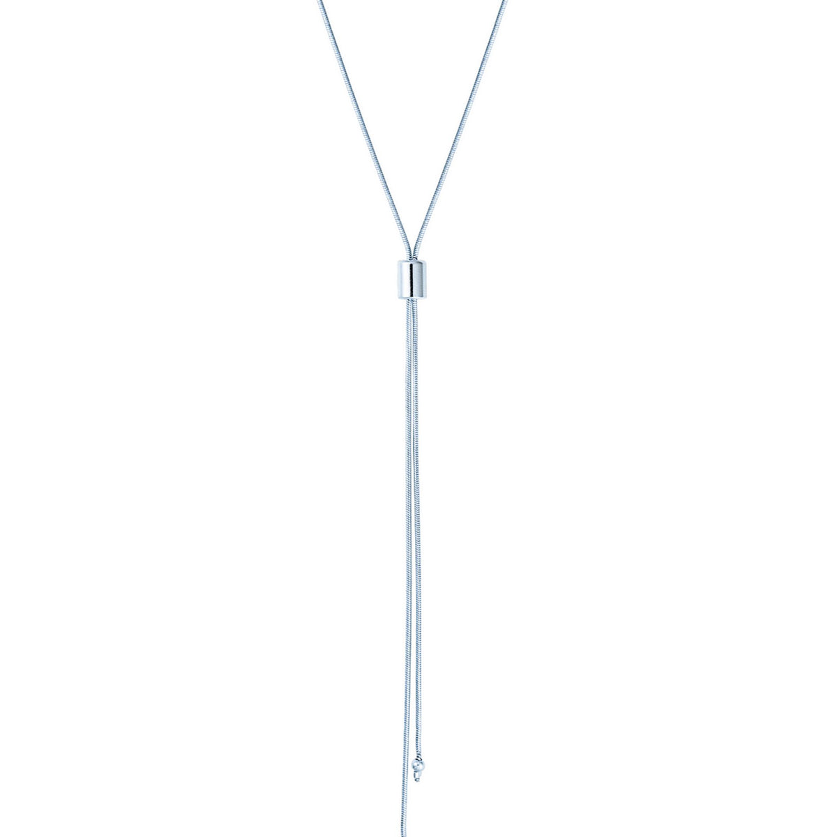 A delicate silver lariat necklace features a sliding cylindrical bead securing the dangling chains.