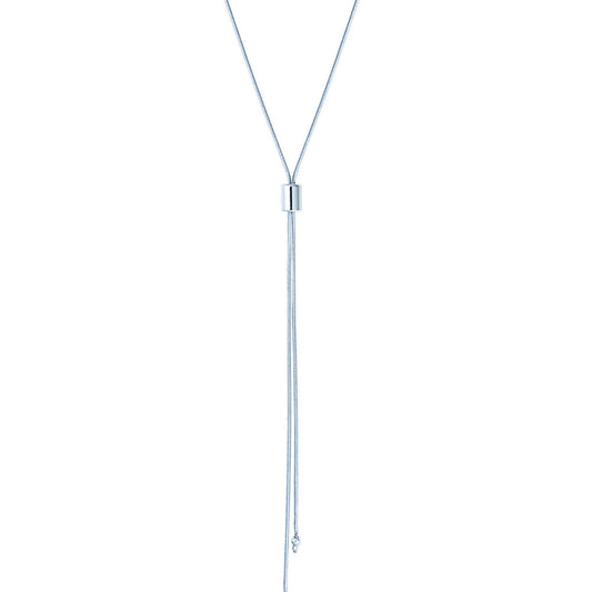 A delicate silver lariat necklace features a sliding cylindrical bead securing the dangling chains.