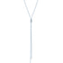 A delicate silver lariat necklace features a sliding cylindrical bead securing the dangling chains.