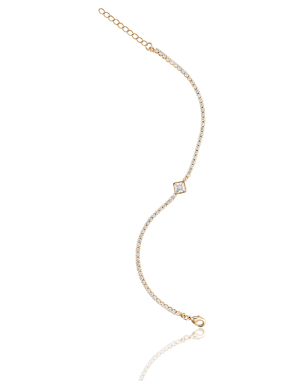 A delicate gold tennis bracelet sparkles with small round diamonds and features a square center stone against a white background.