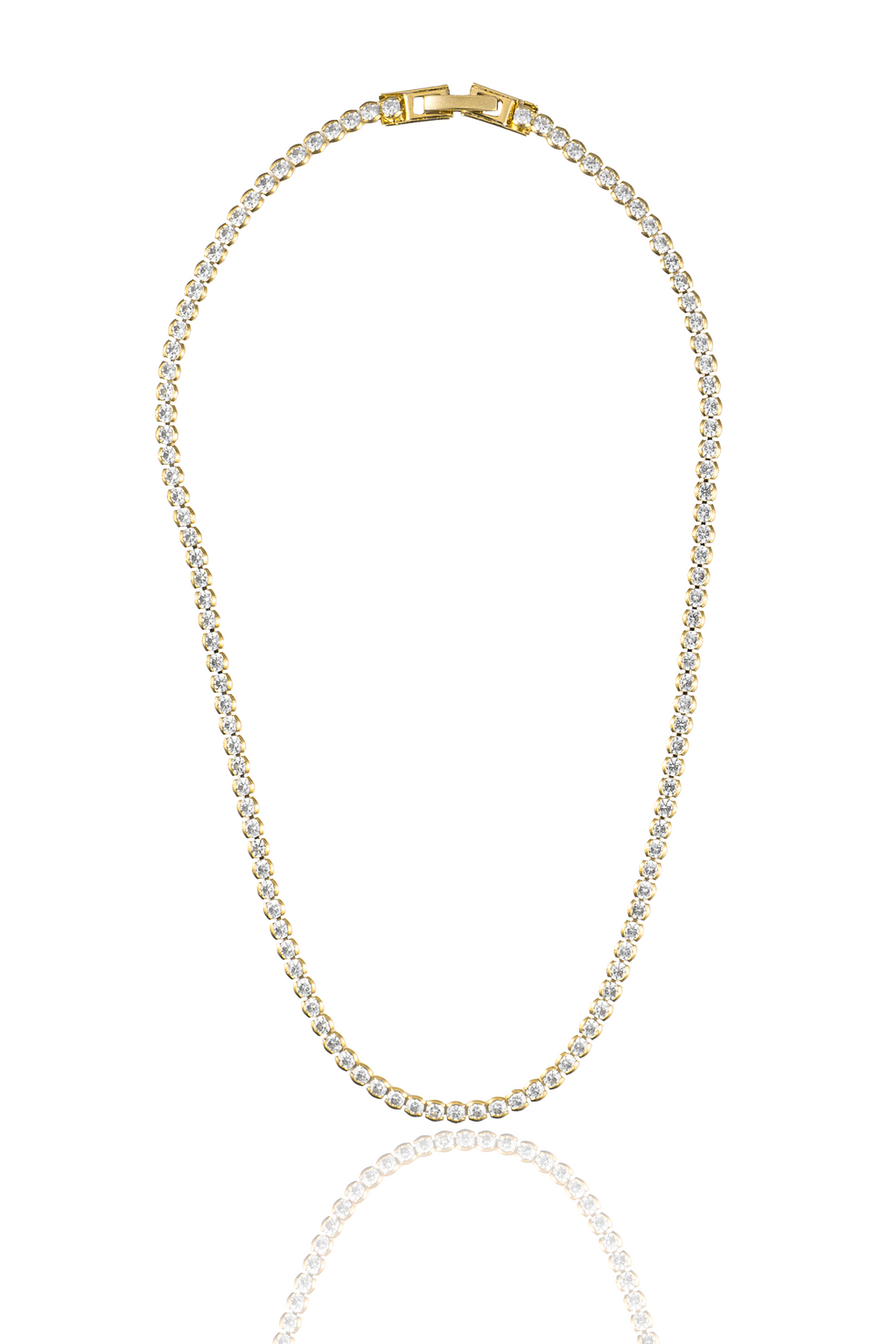 A sparkling gold tennis necklace features a continuous line of brilliant-cut diamonds against a clean white background.