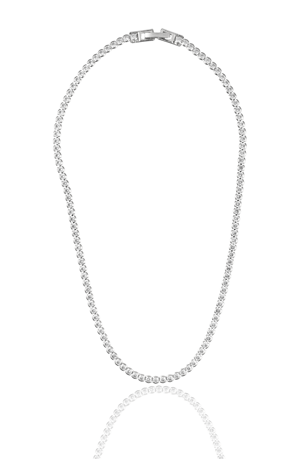 A sparkling silver tennis necklace with a secure clasp lies against a clean white background.