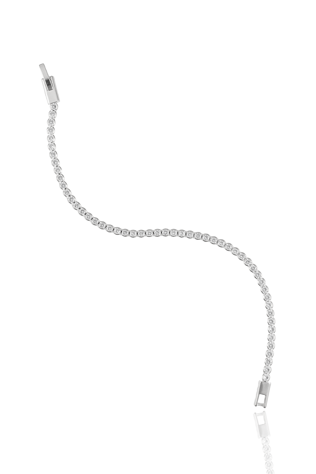 A sparkling diamond tennis bracelet curves across a clean white background, showcasing its continuous line of brilliant-cut gemstones and secure clasp.