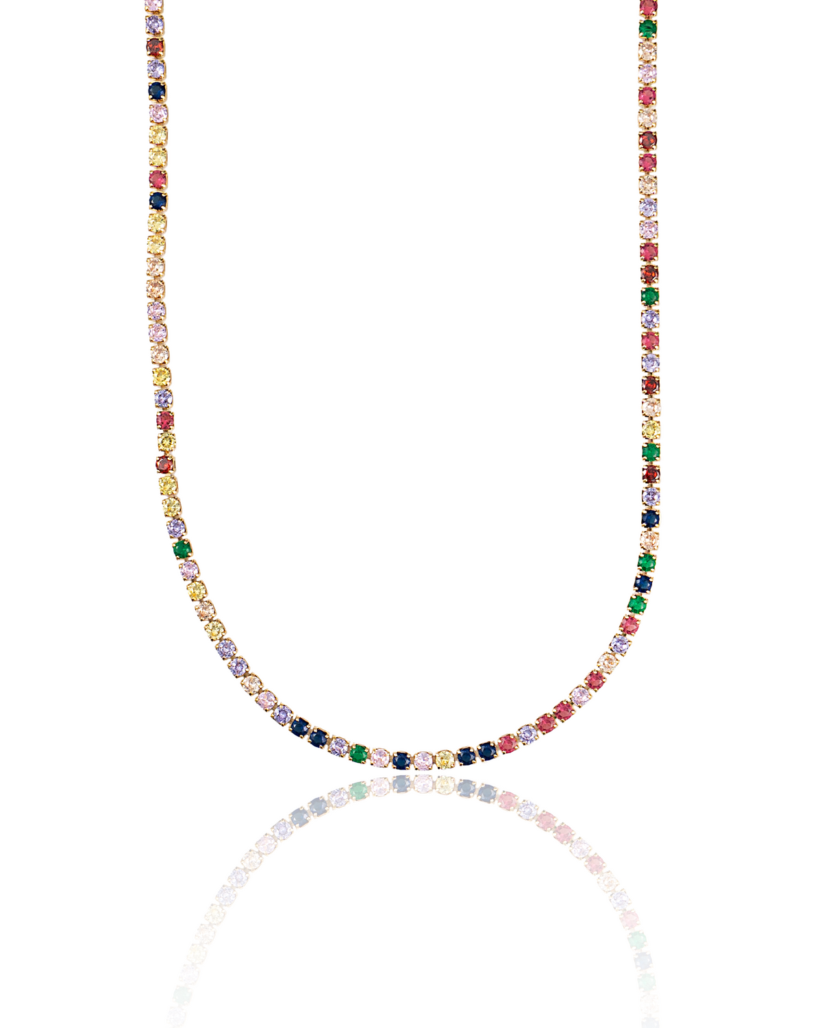 A vibrant tennis necklace sparkles with a continuous line of colorful gemstones set in gold against a clean white background.