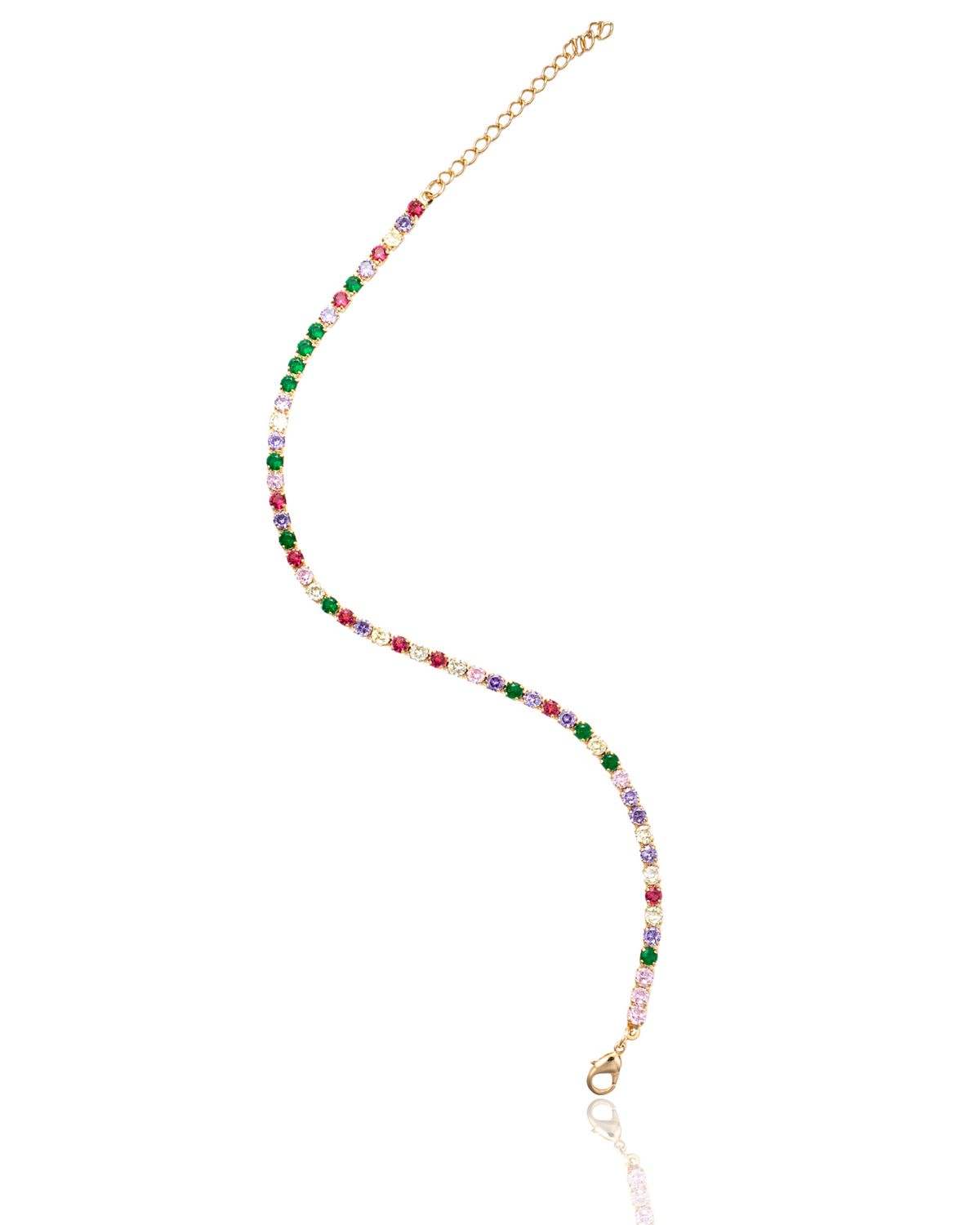 A delicate gold tennis bracelet sparkles with a vibrant array of multicolored cubic zirconia stones.