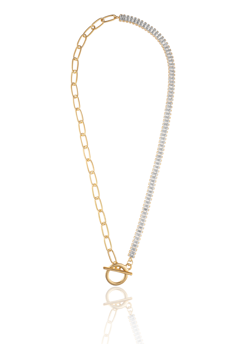 A mixed-metal gold toggle necklace features an oval-link chain on one side and a glittering row of baguette-cut zirconia stones on the other.