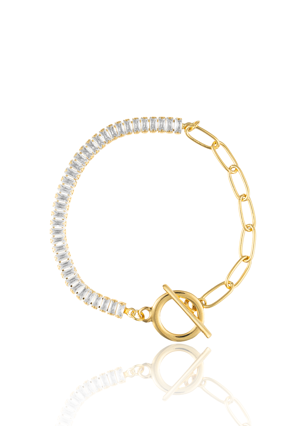 A gold link bracelet features a dazzling row of baguette-cut crystals and a secure toggle clasp against a clean white background.