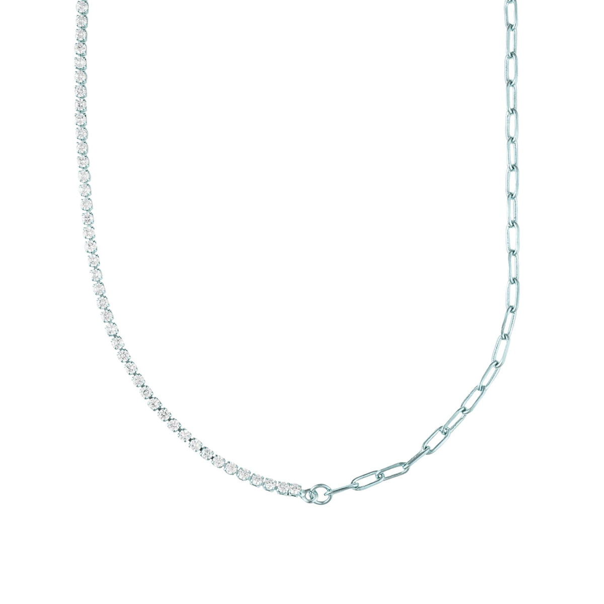 A silver necklace combines a sparkling diamond tennis chain on one side with a modern paperclip chain on the other.