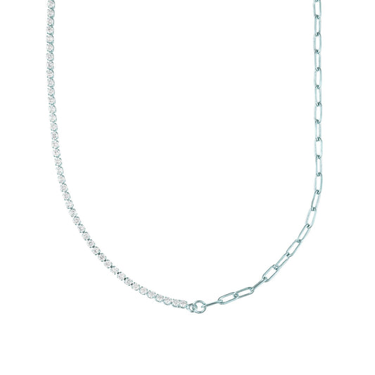 A stylish half-tennis and half-paperclip chain necklace glimmers against a plain background.