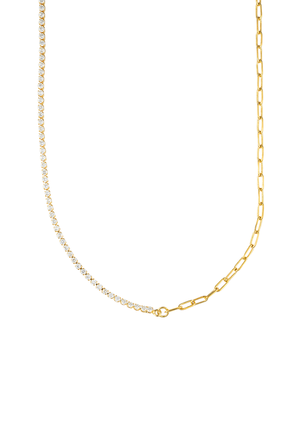 A gold chain necklace features a sparkling rhinestone tennis section on the left and a chunky paperclip link on the right.