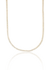 A sparkling gold tennis necklace with a continuous line of diamonds drapes gracefully against a clean white background, reflecting softly on the surface below.