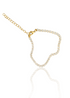 A delicate gold tennis bracelet encrusted with sparkling cubic zirconia stones is displayed against a clean white background with a subtle reflection.