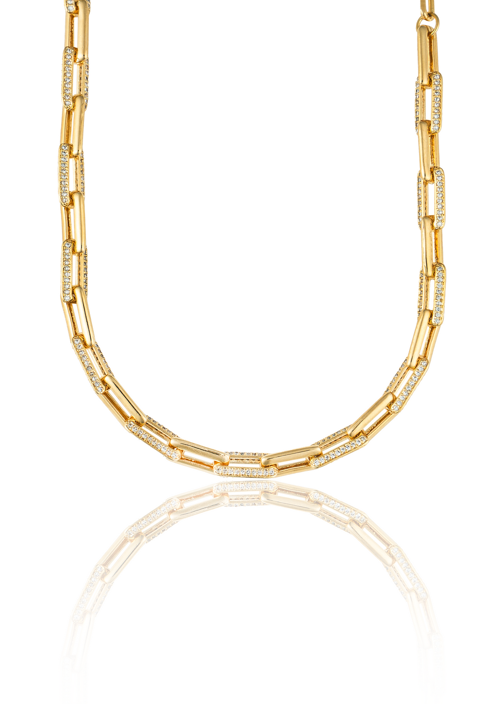A glamorous gold paperclip chain necklace sparkles with pavé diamonds on alternating links against a clean white background.