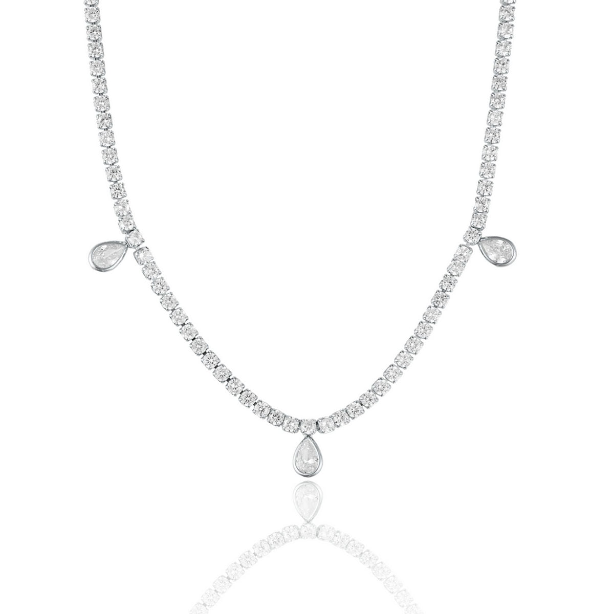 A sparkling diamond tennis necklace features three hanging pear-shaped stones against a clean white background.