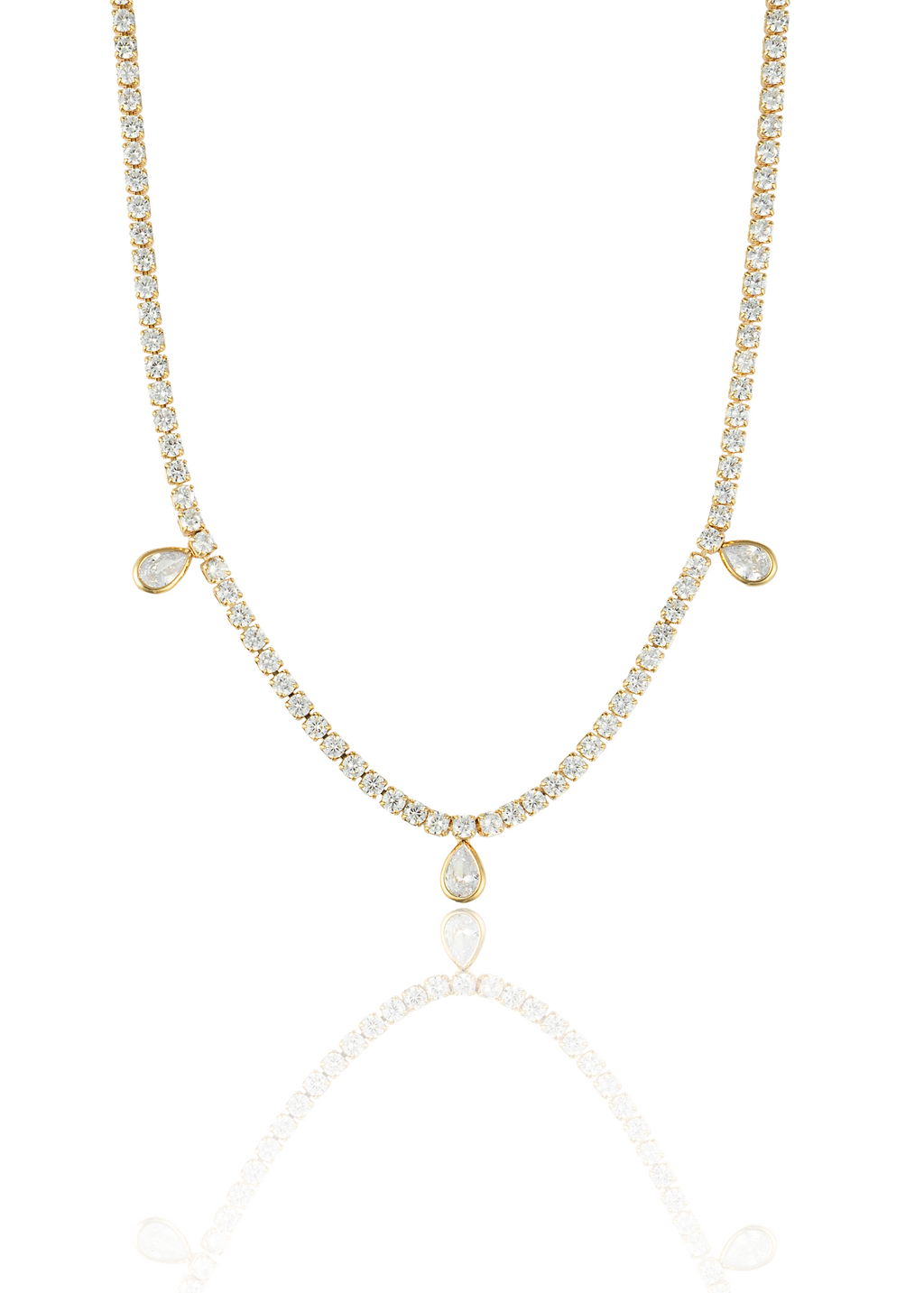 A delicate gold tennis necklace features a continuous line of sparkling diamonds accented by three dangling pear-cut stone drops.