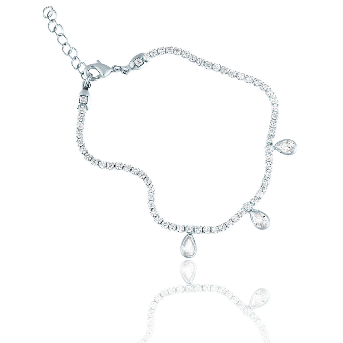 A sparkling sterling silver tennis bracelet features dangling pear-cut cubic zirconia charms and an adjustable chain.