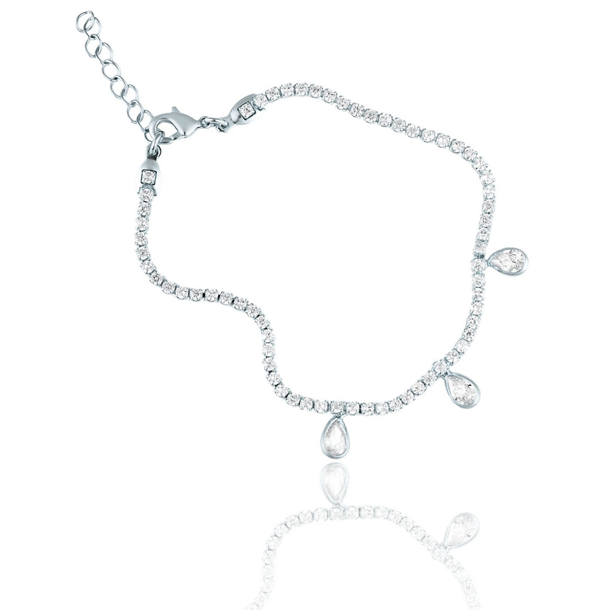 A sparkling silver tennis bracelet features dangling pear-cut diamond charms and an adjustable chain.