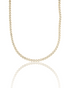A sparkling diamond tennis necklace rests on a reflective white surface, showcasing its continuous line of brilliant-cut stones set in yellow gold.
