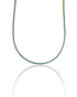A gold tennis necklace featuring vibrant blue stones curves gracefully against a white background with a subtle reflection below.