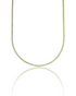 A sparkling gold tennis necklace studded with continuous light green gemstones hangs against a clean white background with its reflection visible below.