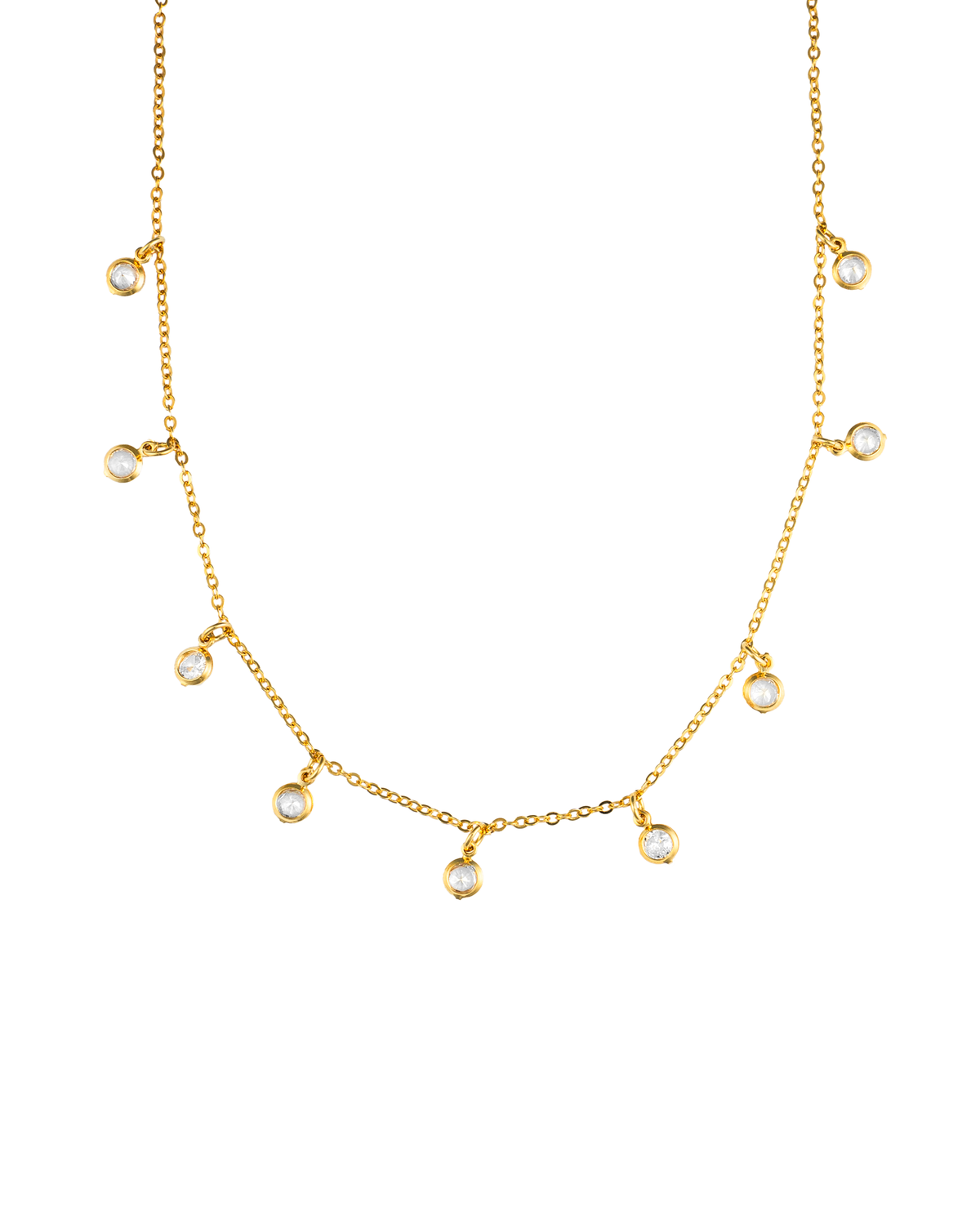 A delicate gold chain necklace dangles several sparkling bezel-set crystal charms against a clean white background.