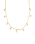 A delicate gold chain necklace dangles several sparkling bezel-set crystal charms against a clean white background.