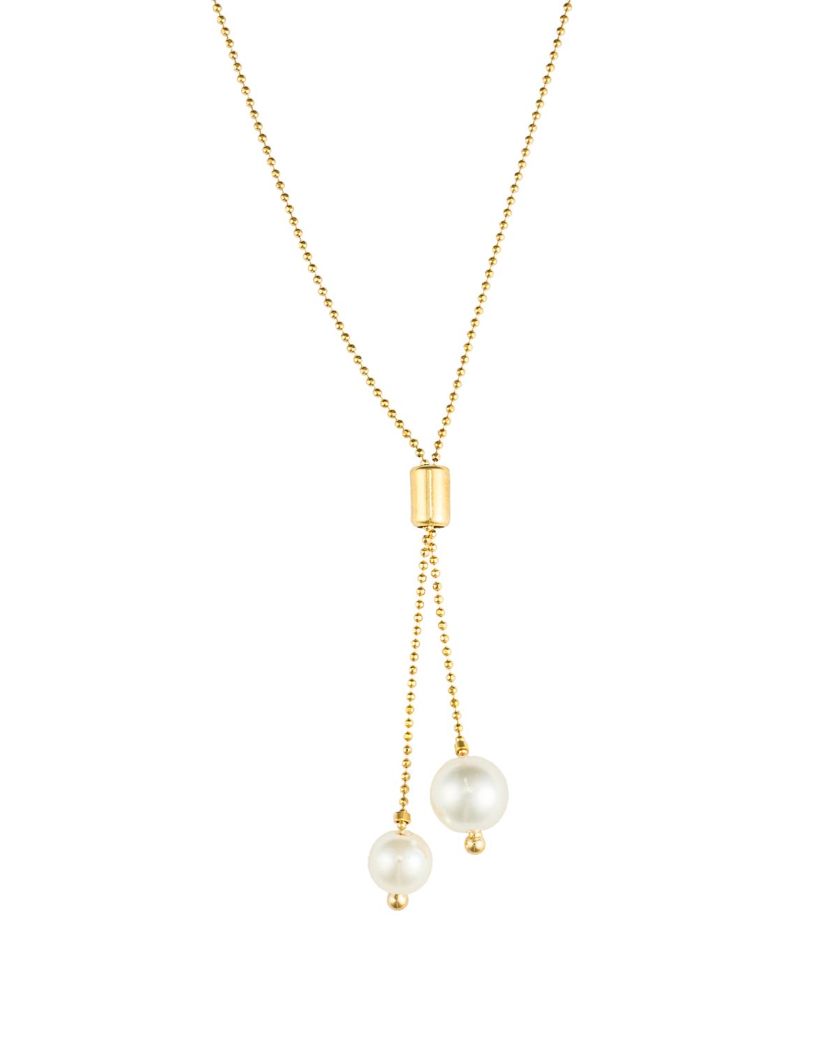 A delicate gold-beaded lariat necklace features a cylindrical slider and two dangling white pearls against a clean white background.