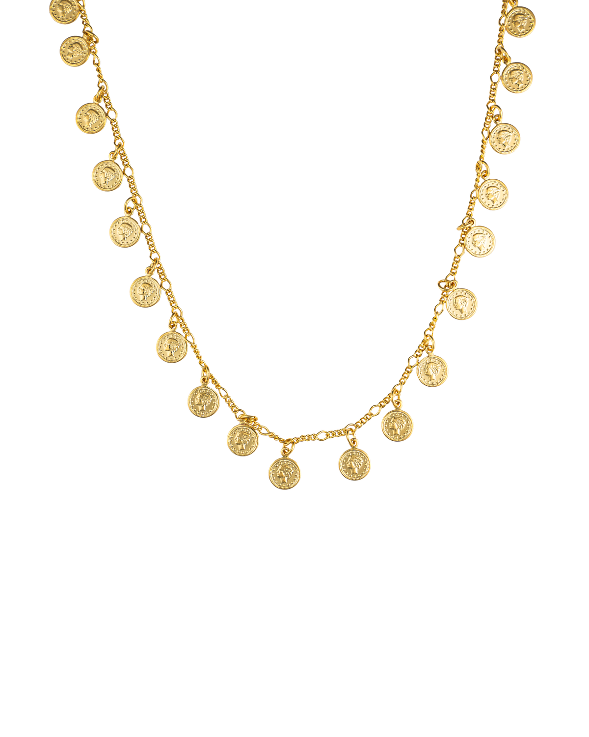 A delicate gold chain necklace dangles with numerous small, embossed coin charms against a plain white background.