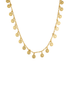 A delicate gold chain necklace dangles with numerous small, embossed coin charms against a plain white background.