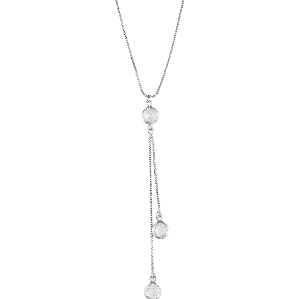 A delicate silver lariat necklace features sparkling crystal accents cascading down a fine box chain.