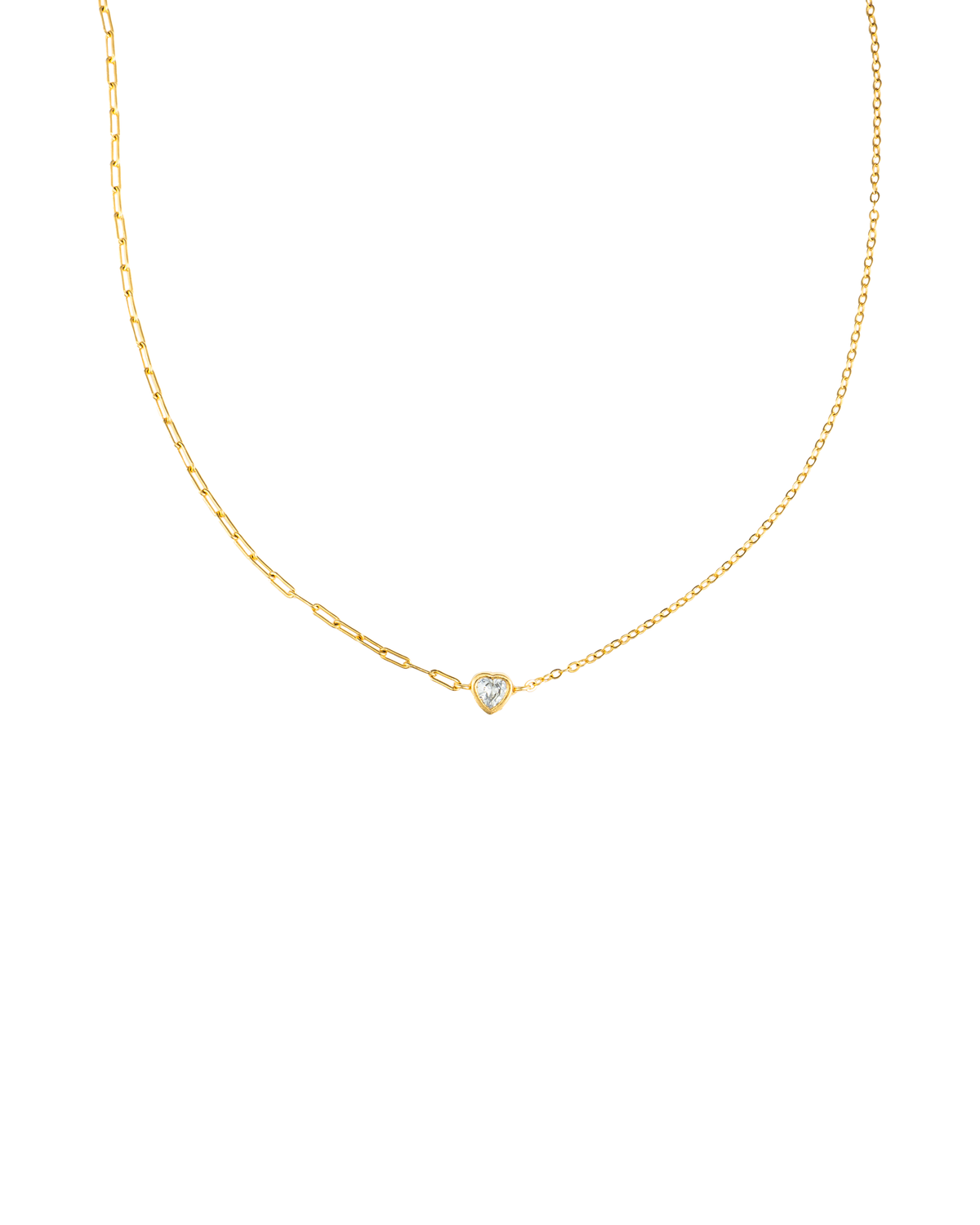 A delicate gold chain necklace features a sparkling heart-shaped diamond pendant centered on a white background.