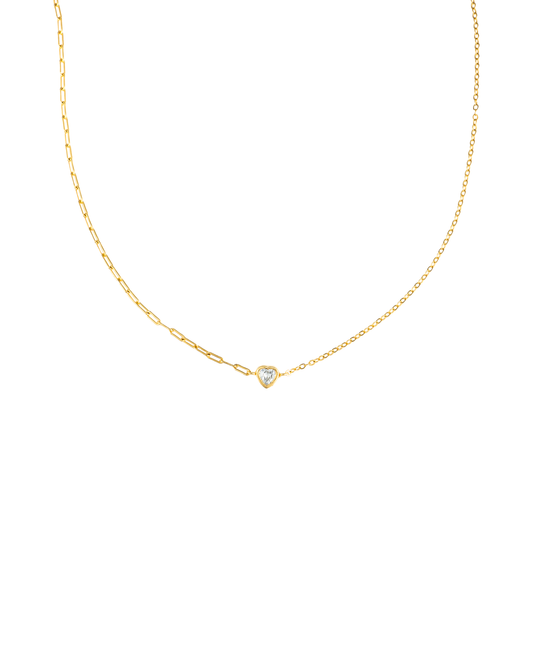 A delicate gold paperclip chain necklace features a sparkling heart-shaped diamond pendant centered on a clean white background.