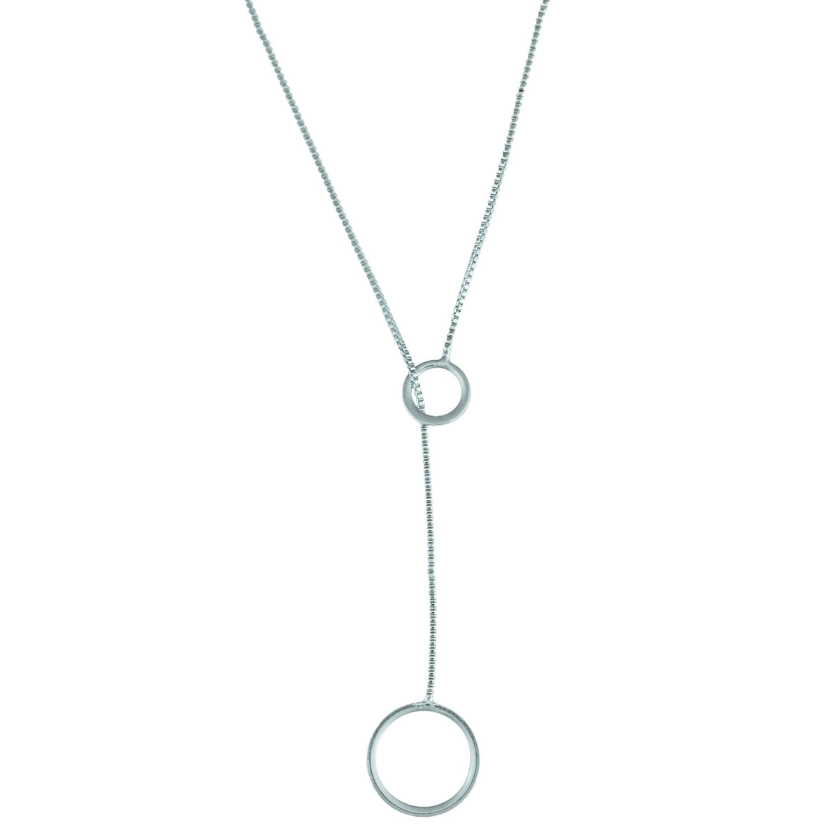 A delicate silver lariat necklace features a fine box chain passing through a small circle with a larger matching ring dangling at the end.