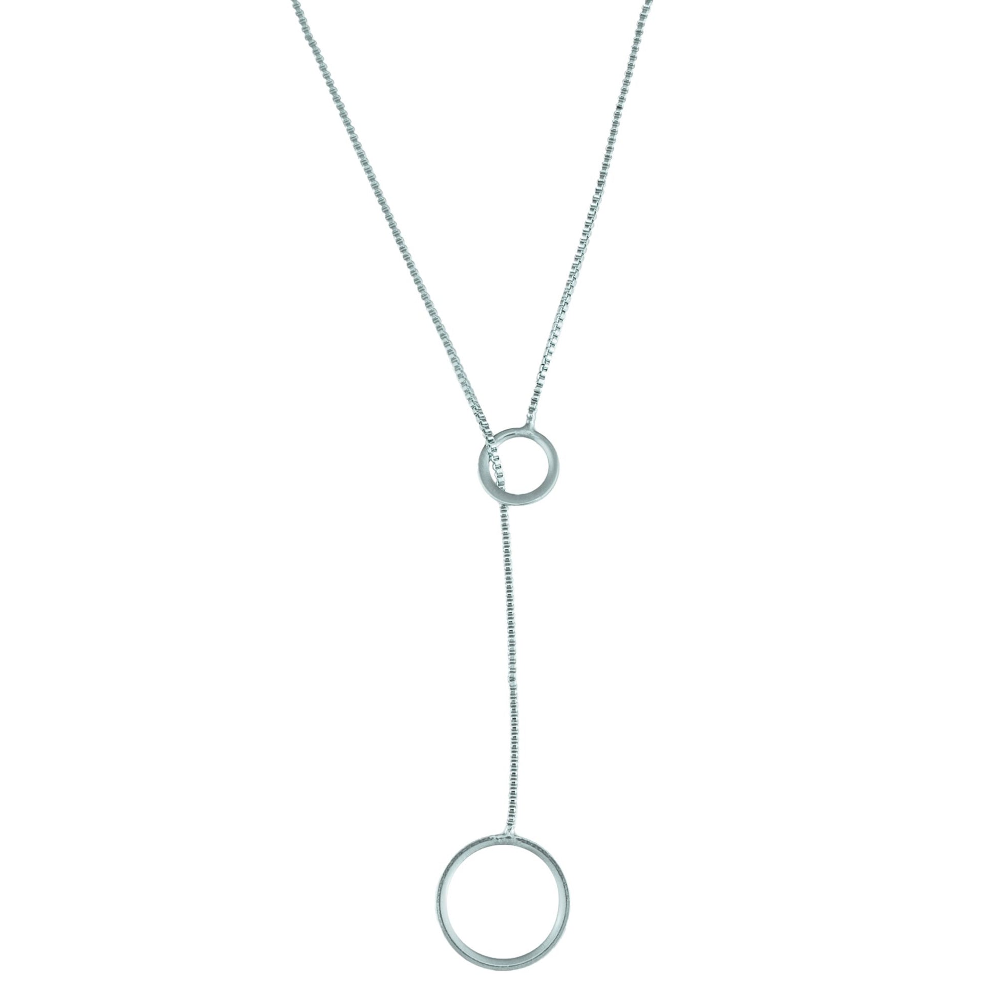 A delicate silver lariat necklace features a fine box chain passing through a small circle with a larger matching ring dangling at the end.