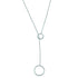 A delicate silver lariat necklace features a fine box chain passing through a small circle with a larger matching ring dangling at the end.