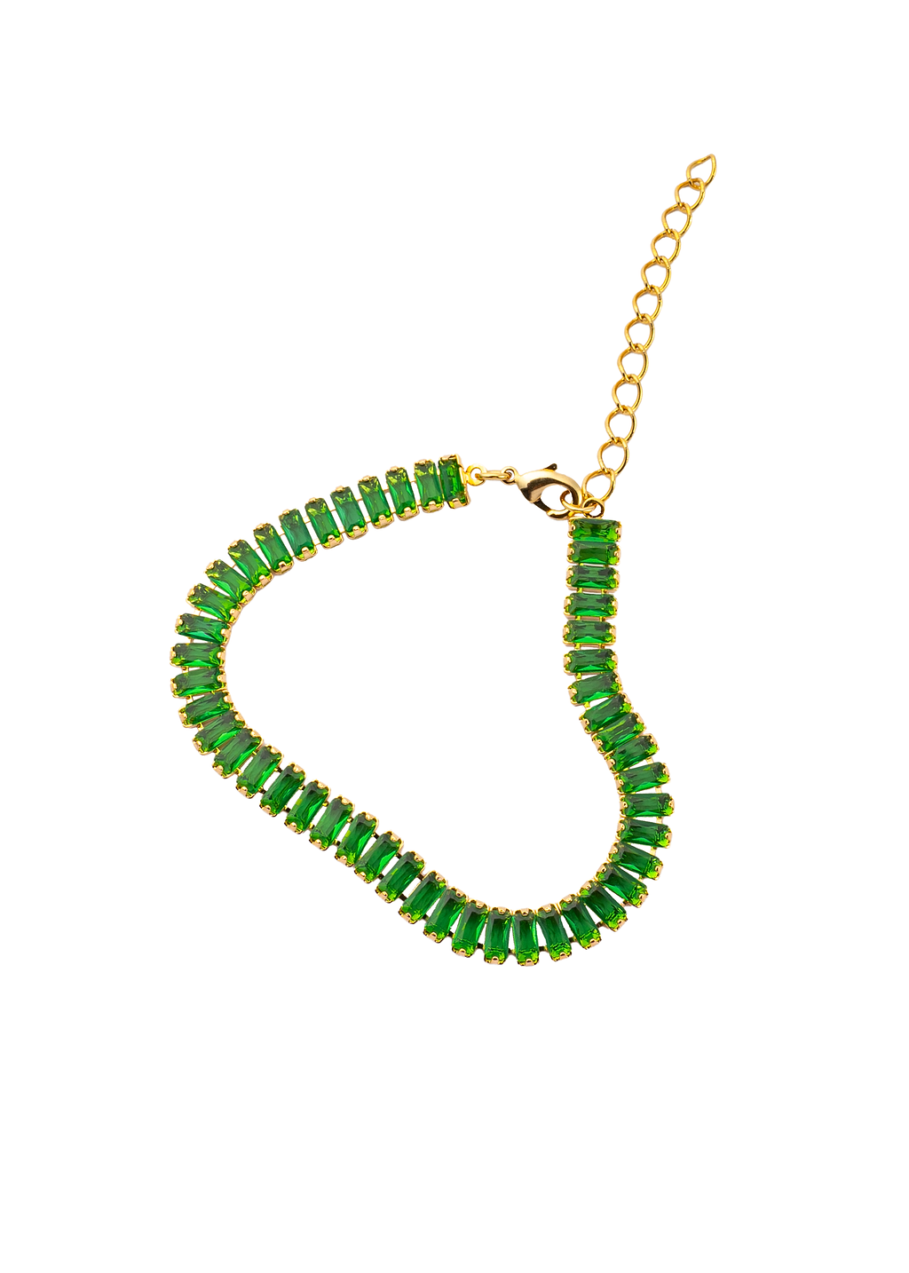 A gold tennis bracelet sparkles with vibrant green baguette-cut cubic zirconia stones on a white background.