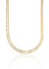 A dazzling gold tennis necklace featuring a continuous row of sparkling baguette-cut cubic zirconia stones is displayed on a clean white background with a subtle reflection.