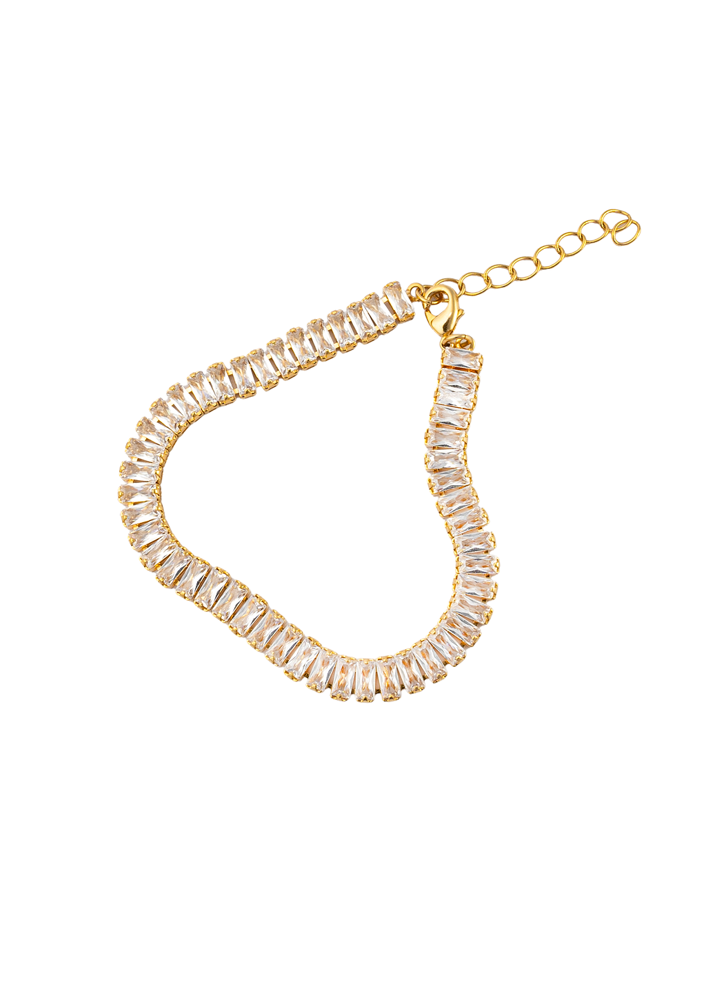 A gleaming gold tennis bracelet sparkles with a continuous line of rectangular cubic zirconia stones against a clean white background.