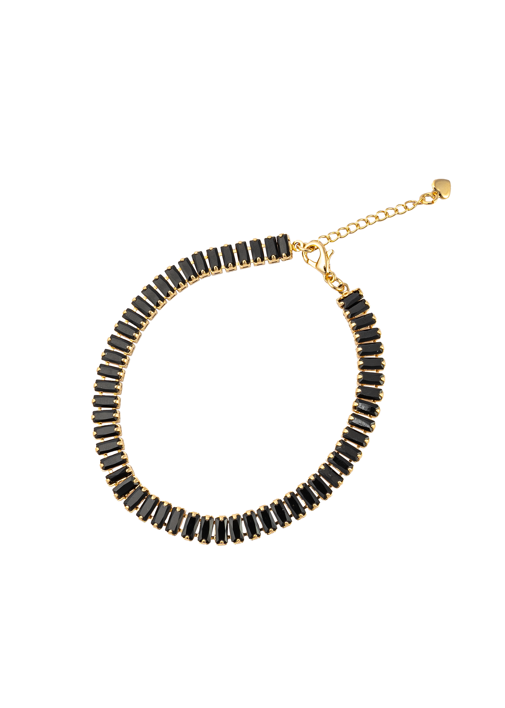 A gold tennis necklace features a continuous row of rectangular black baguette stones against a clean white background.