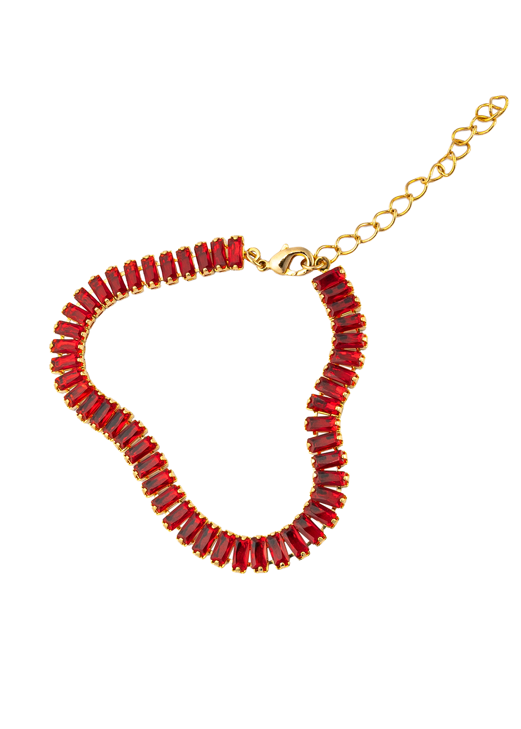 A vibrant gold tennis bracelet dazzles with rectangular red crystal stones and features an adjustable chain closure against a clean white background.