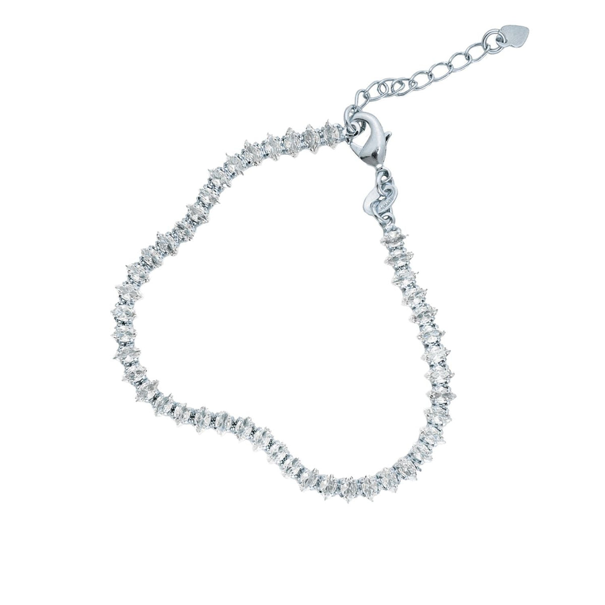 A sparkling silver tennis bracelet features a continuous line of marquise-cut cubic zirconia stones and an adjustable chain closure.