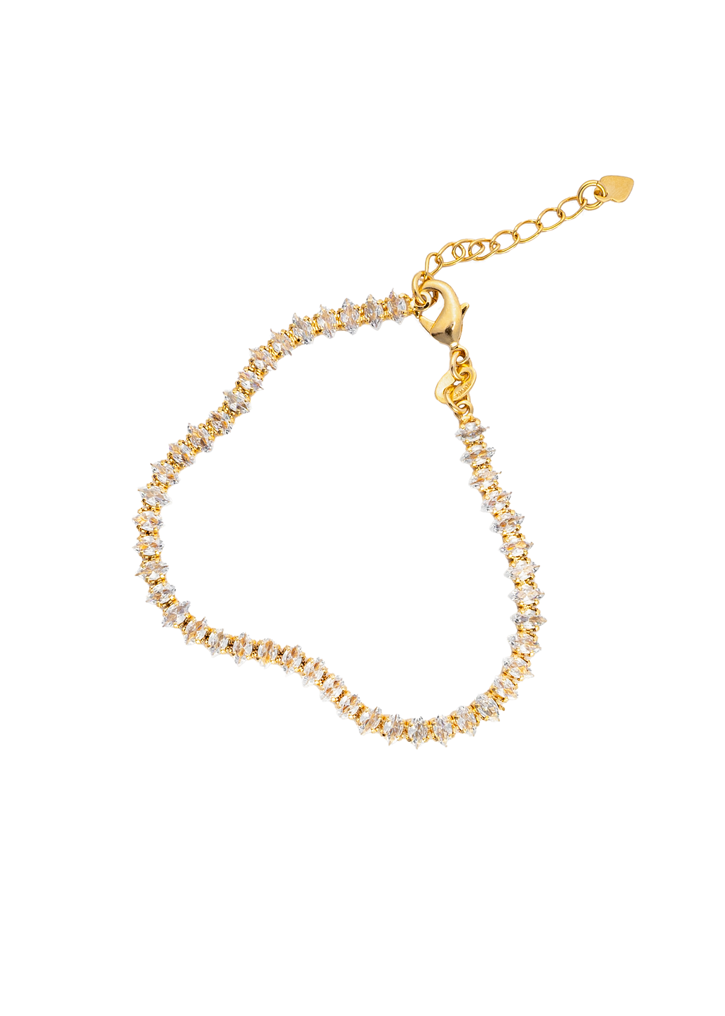 A gold tennis bracelet sparkles with marquise-cut cubic zirconia stones against a clean white background.