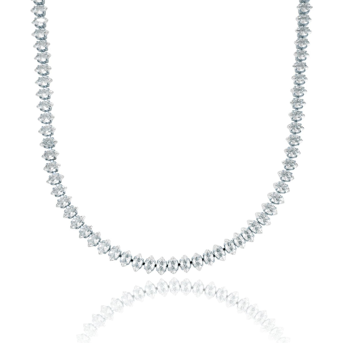 A sparkling diamond tennis necklace featuring marquise-cut stones gracefully drapes against a clean white background.