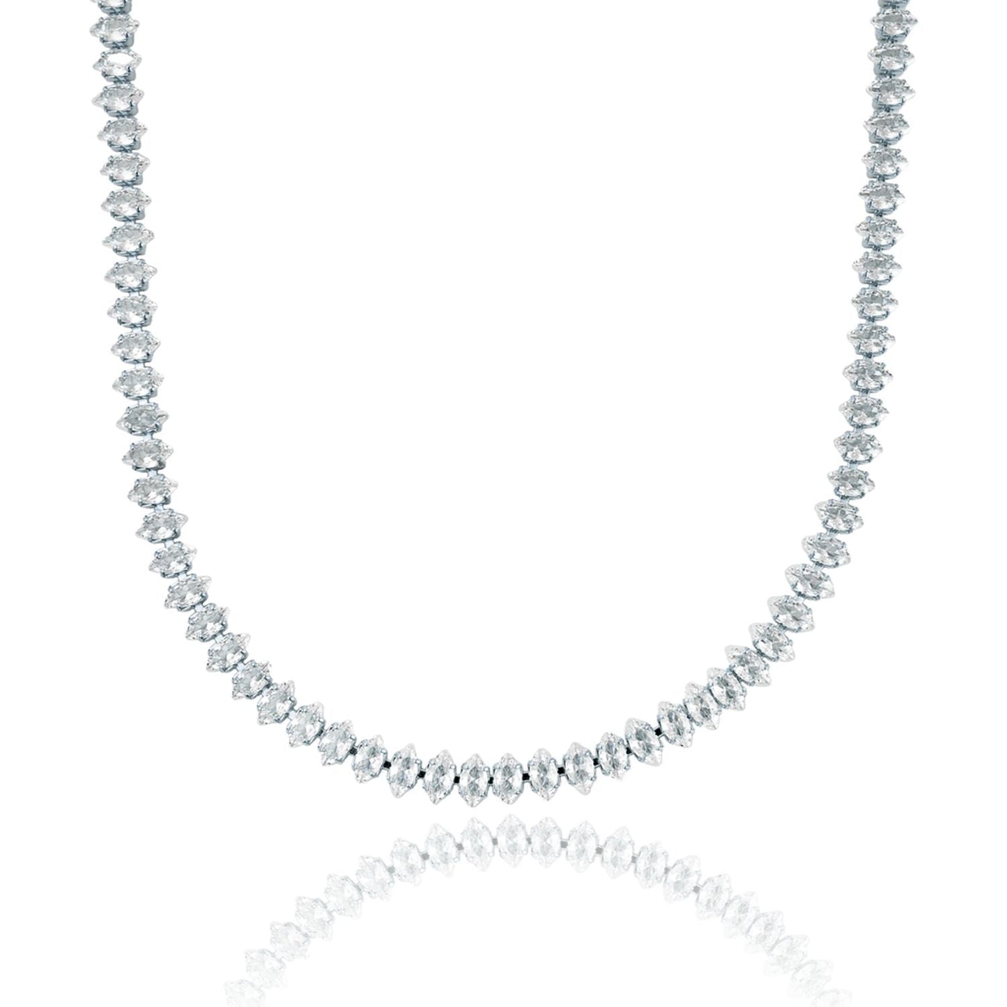 A sparkling diamond tennis necklace featuring marquise-cut stones sparkles against a clean white background.